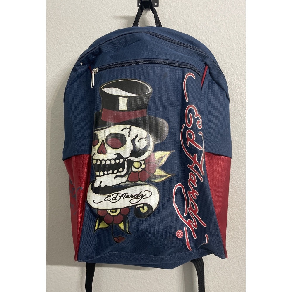 ED HARDY Skull with  Top Hat‎ Zip Up Backpack With 4 Pockets Blue & Red